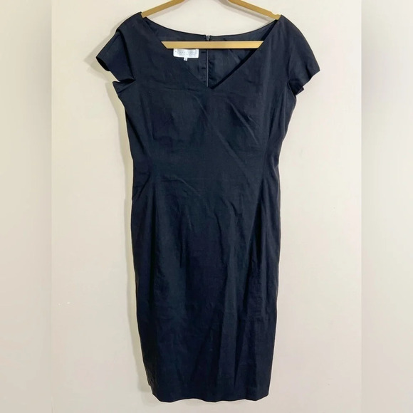 PADDY CAMPBELL Linen Blend Black Vintage V Neck Slit in Back Dress Size 12 - Picture 1 of 11